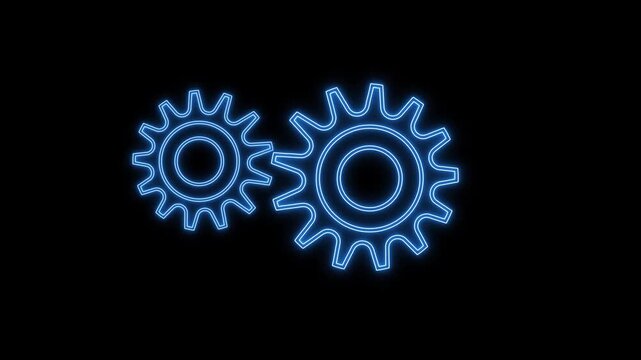 Two Blue Neon Gears Interlocking on animated Black Background cogs wheels