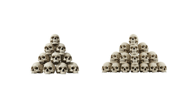 Pile of human skulls isolated on white background, horror and danger concept element.
