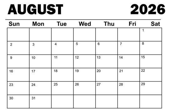 August 2026 Calendar &ndash; Clean Monthly Planner Template on White Background