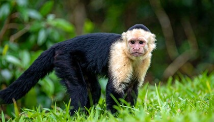 Fototapeta premium White-faced Capuchin Monkey in Lush Green Habitat.