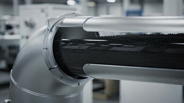 Closeup medium shot of a bent pneumatic pipeline section showing airtight seals and smooth carbon black flow in a manufacturing process.