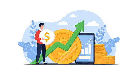 A man standing next to a large coin with a green arrow pointing upwards and a mobile phone displaying a graph, surrounded by plants and coins, symbolizing financial growth.