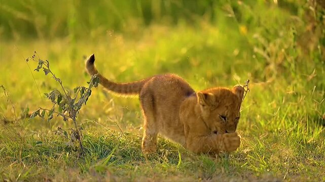 Cute Lion Cub Playing in African Savanna Grassland