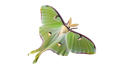 Isolated vibrant green Luna Moth beautiful insect with long tails and feathery antennae © Lysander