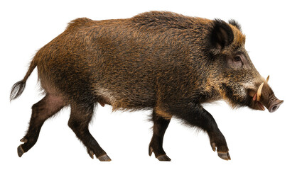 Isolated wild boar walking, side view of a large adult hog with tusks, bristly fur