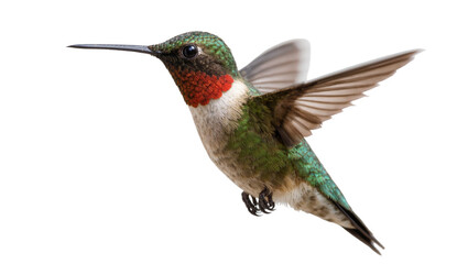 Isolated Ruby-throated Hummingbird in flight, showcasing vibrant green and iridescent red plumage © Lysander