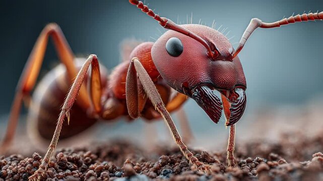 Closeup Red Ant Crawling on Soil Surface.