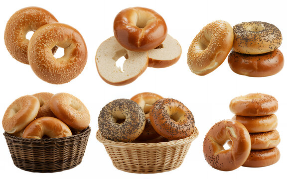 Various bagel arrangements in baskets and stacked on white background