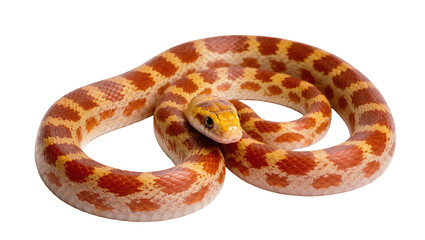 Fototapeta premium Isolated coiled corn snake with vibrant orange and yellow scale patterns looking forward