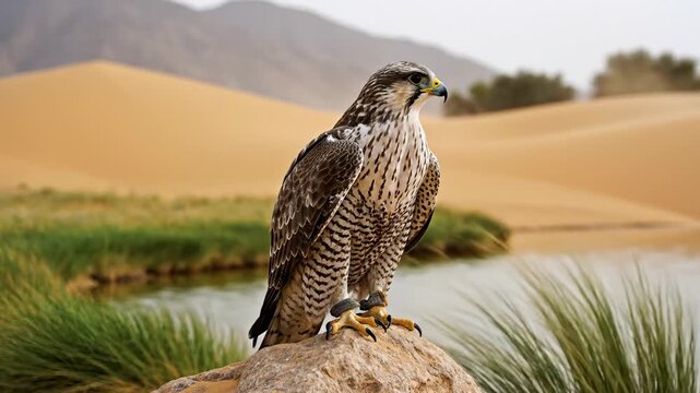 Majestic Falcon Perched on Rock in Arid Desert Landscape With Oasis and Sand Dunes