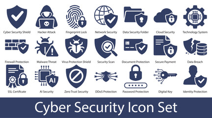 Fototapeta premium Cyber Security Icons Set, Data Protection, Hacker Attack, Firewall, Secure Payment, Password, AI Security and Network Protection Vector Icons