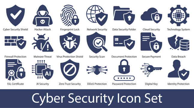 Cyber Security Icons Set, Data Protection, Hacker Attack, Firewall, Secure Payment, Password, AI Security and Network Protection Vector Icons