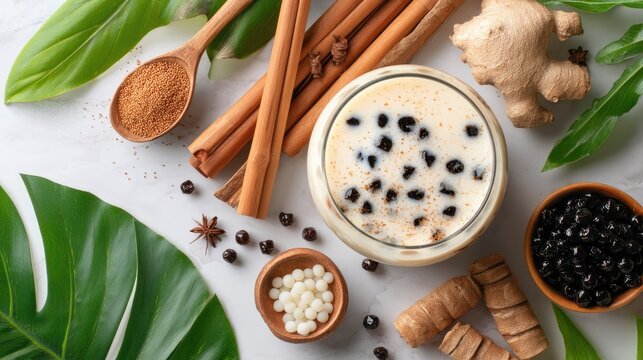 Refreshing dessert with tapioca pearls, aromatic spices, and tropical coconut milk on a marble surface with leaves and ingredients around the bowl
