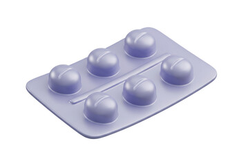 Blister Pack of Six Purple Round Medicine Pills Isolated on White Background