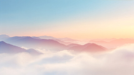 Fototapeta premium 幻想的な雲海が広がる連なる山々と、パステルカラーの美しいグラデーションが広がる夜明けの空を表現した、静寂で雄大な風景のデジタルイラスト背景素材