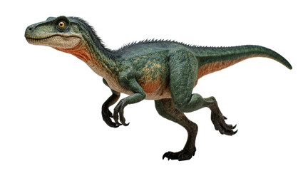 Isolated prehistoric raptor dinosaur, powerful hunter in dynamic running pose, vivid details