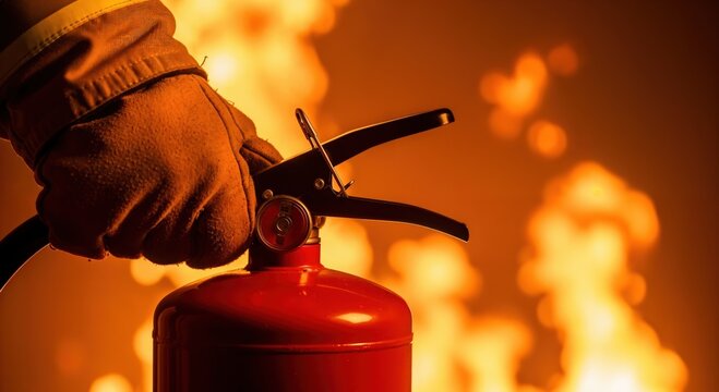 Industrial worker using red fire extinguisher during emergency safety training drill