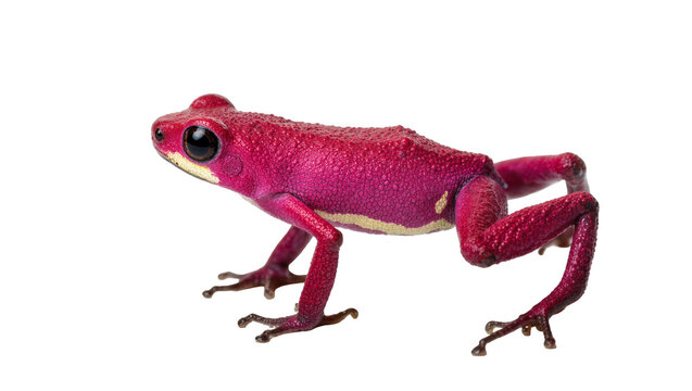 Isolated vibrant red poison dart frog with shiny black eyes, colorful endangered amphibian
