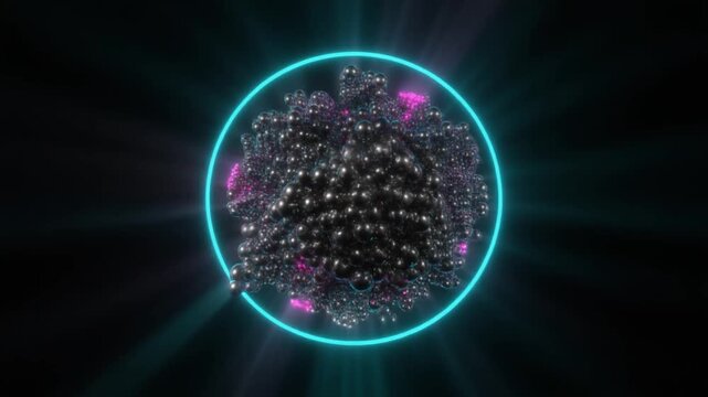 Probabilistic particle swarm collapsing into single coherent state, neon cyan silver glowing orb, dark void background, cinematic sci-fi 4K seamless loop