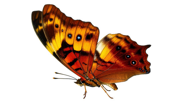 Isolated vibrant orange and yellow butterfly with richly patterned wings captured in dynamic pose