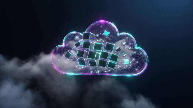 Floating quantum fog with embedded qubit nodes morphing cyclically, electric aqua indigo silver holographic cloud, cinematic sci-fi 4K seamless loop