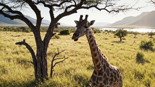 Giraffe Resting Under Acia Tree in African Savanna Landscape, Majestic Wildlife Scene