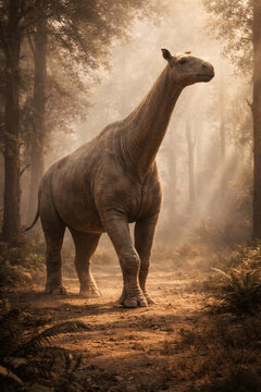 Paraceratherium Largest Land Mammal Walking in Prehistoric Asian Forest &ndash; Ultra Realistic AI Generated
