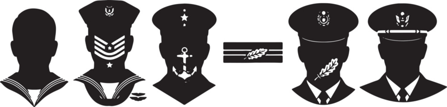 Black Solid Navy Officer Rank Silhouettes Set of Six on White Background