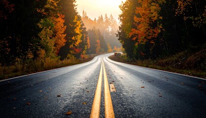 Fototapeta premium Road through the forest with autumn colors and sunlight.