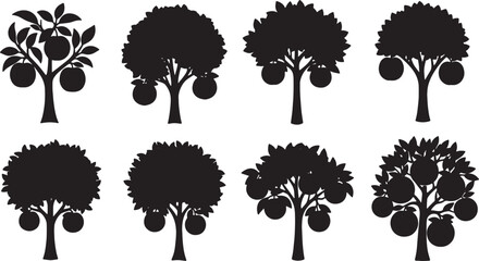 Black Solid Orchard Fruit Tree Silhouettes Set of Six on White Background © Dreamfly
