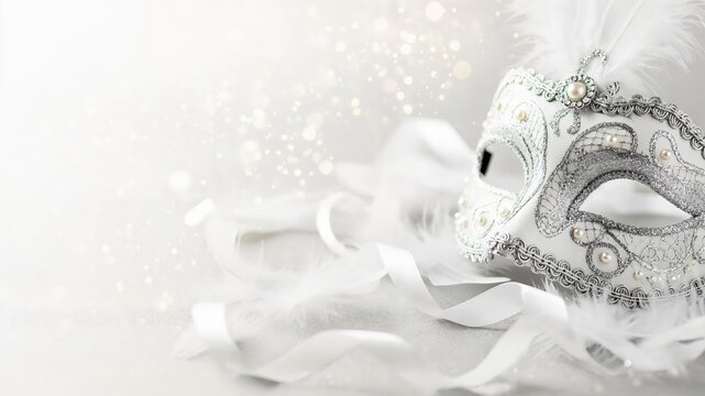 Elegant white masquerade mask with pearls and feathers for a winter wedding ball or gala event
