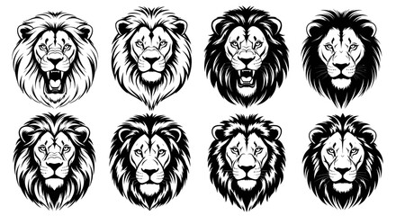 Obraz premium Dynamic Collection of Stylized Lion Head Vector Illustrations for Graphic Design Projects, featuring Majestic and Powerful Big Cat Expressions in Monochrome Art