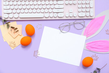 Composition with blank card, keyboard, stationery and Easter decor on lilac background