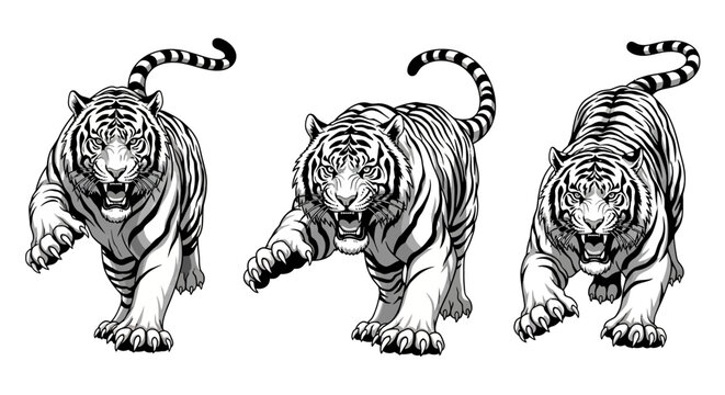 Powerful and Dynamic Black and White Tiger Vector Illustrations Set, Featuring Aggressive Wild Cats in Action Poses, Ideal for Creative Design Projects