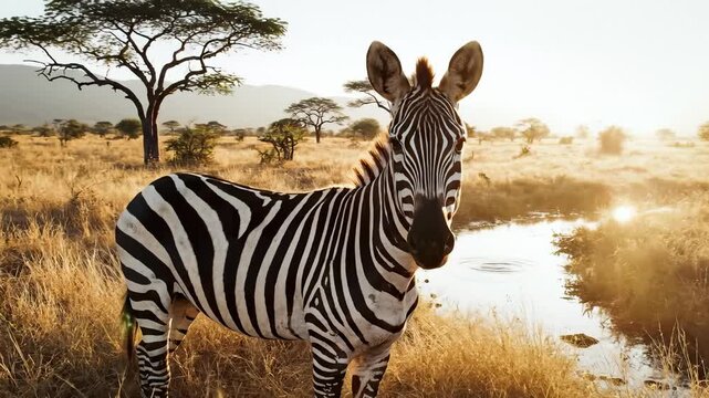 Majestic Zebra Stands in Golden African Savannah Grassland at Sunset