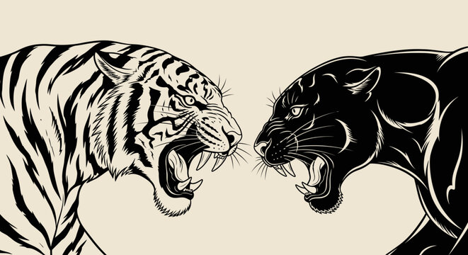 Dynamic vector illustration showcasing a fierce confrontation between a roaring tiger and a growling black panther, embodying their raw power and untamed spirit