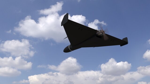 Military Delta Wing Drone Flying in Cloudy Blue Sky - 3D rendering