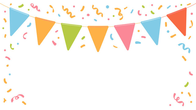 Colorful triangular bunting flags with confetti on white background