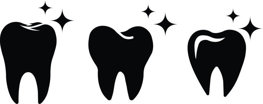 Set of tooth silhouette icons with sparkle symbols for dental care and teeth whitening vector illustration