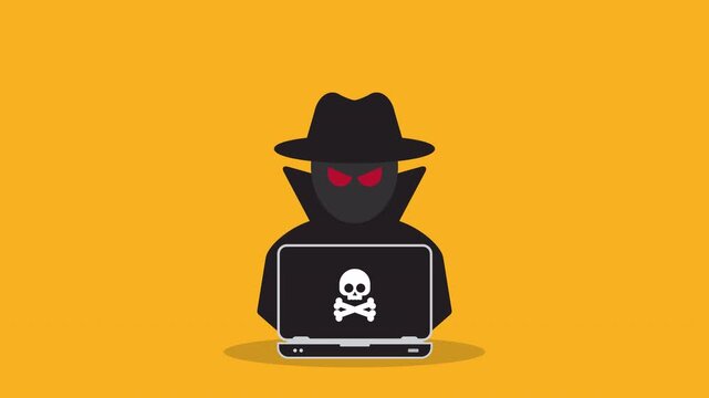 Cybersecurity Hacker Attack Animation &ndash; Anonymous Cyber Criminal with Laptop and Malware Skull Symbol, Internet Security Threat, Data Breach, Phishing, Ransomware and Hacking Concept