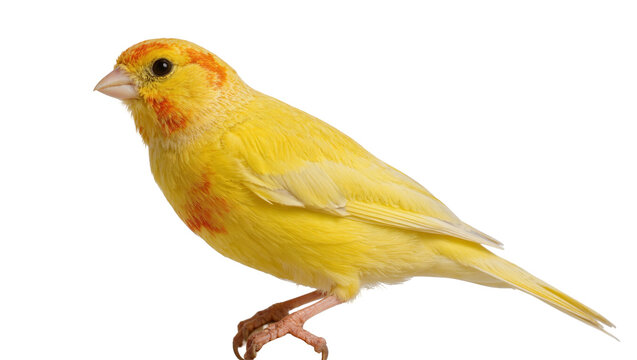 Isolated bright yellow canary bird with subtle orange markings on its head and chest feathers.