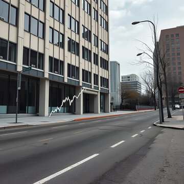 Empty office building, deserted street, falling stock market graph, economic slump., contractionary