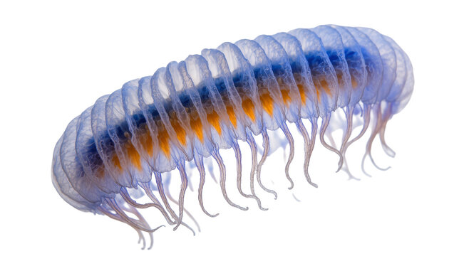 Isolated translucent segmented marine organism with blue-purple body and striking orange internal structures.