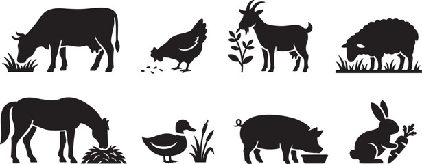 Fototapeta premium Vector Icon Set of Farm Animals Eating and Grazing