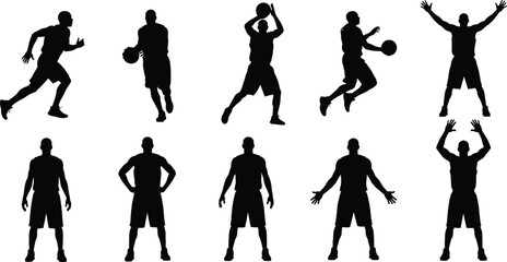 Set of Female Basketball Player Silhouettes Featuring Action Poses Including Dribbling Shooting Jumping and Slam Dunk Isolated on White Background © Ahahila