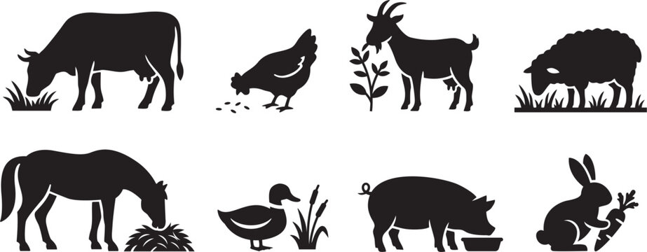 Vector Icon Set of Farm Animals Eating and Grazing