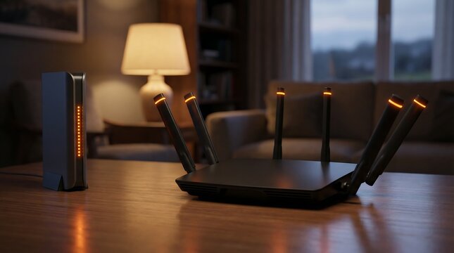 A modern wireless router with multiple antennas and an internet modem are placed on a wooden table in a cozy, dimly lit living room setting.