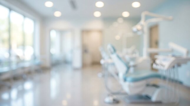 A bright, blurred view of a modern dentist's office features a light blue dental chair and various medical equipment, suggesting a clean and welcoming healthcare environment.