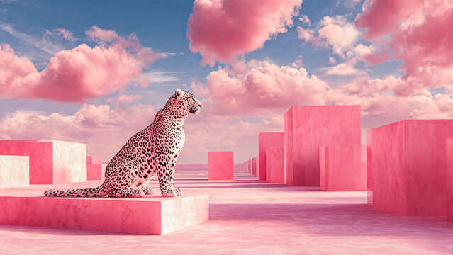 Gu&eacute;pard assis sur un socle rose dans un paysage avec d'autres blocs rose et un ciel bleu
