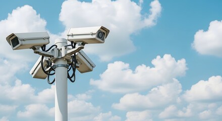 Security cameras mounted on a pole against a clear blue sky with scattered white clouds